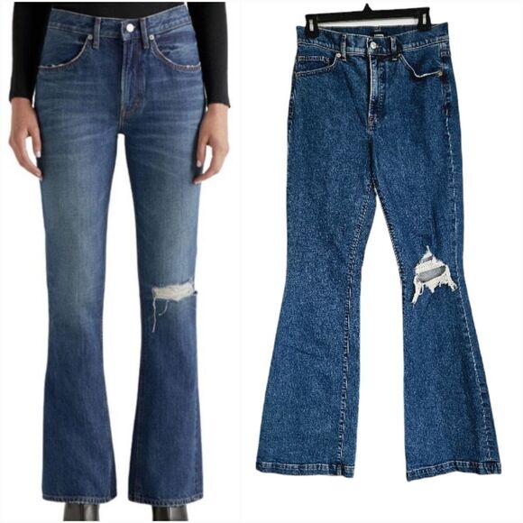 Express High Rise Flare Rigid Denim Dark Wash '70s Inspired Full Length Jeans 6 - Picture 1 of 10